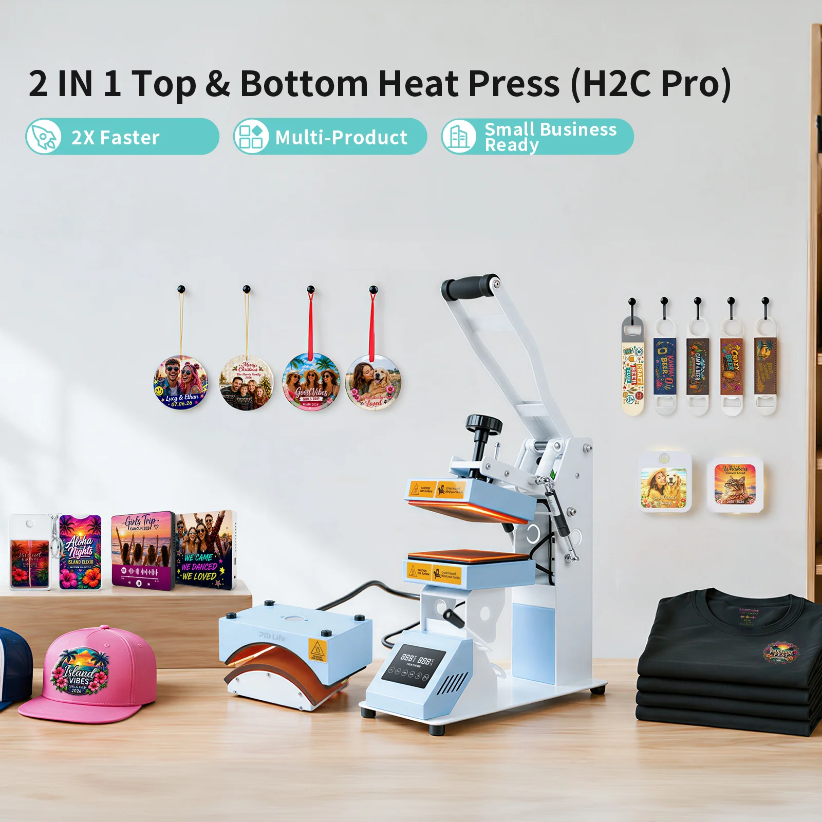 2 in 1 Heat Press Machine for Crafts (Dual Heating Flat 15x15cm + Cap Attachment) thumbnail 2
