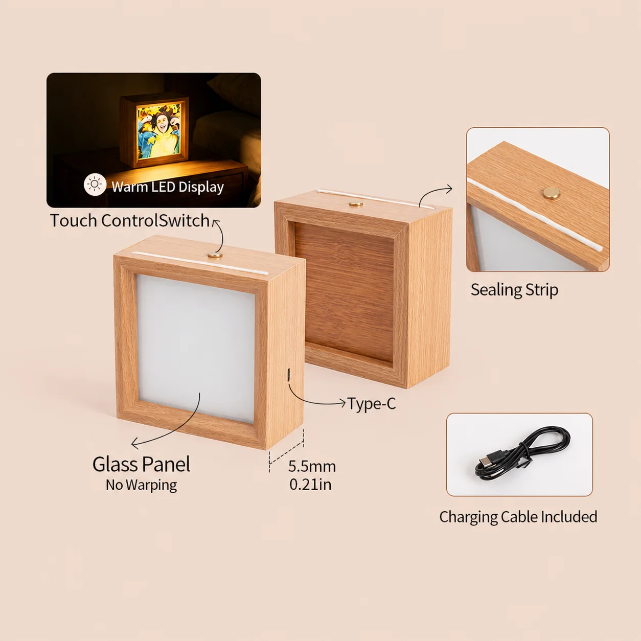Rechargeable Night Light Illuminated Photo Frame with Sublimation Blank Glass Plate with Stand thumbnail 4
