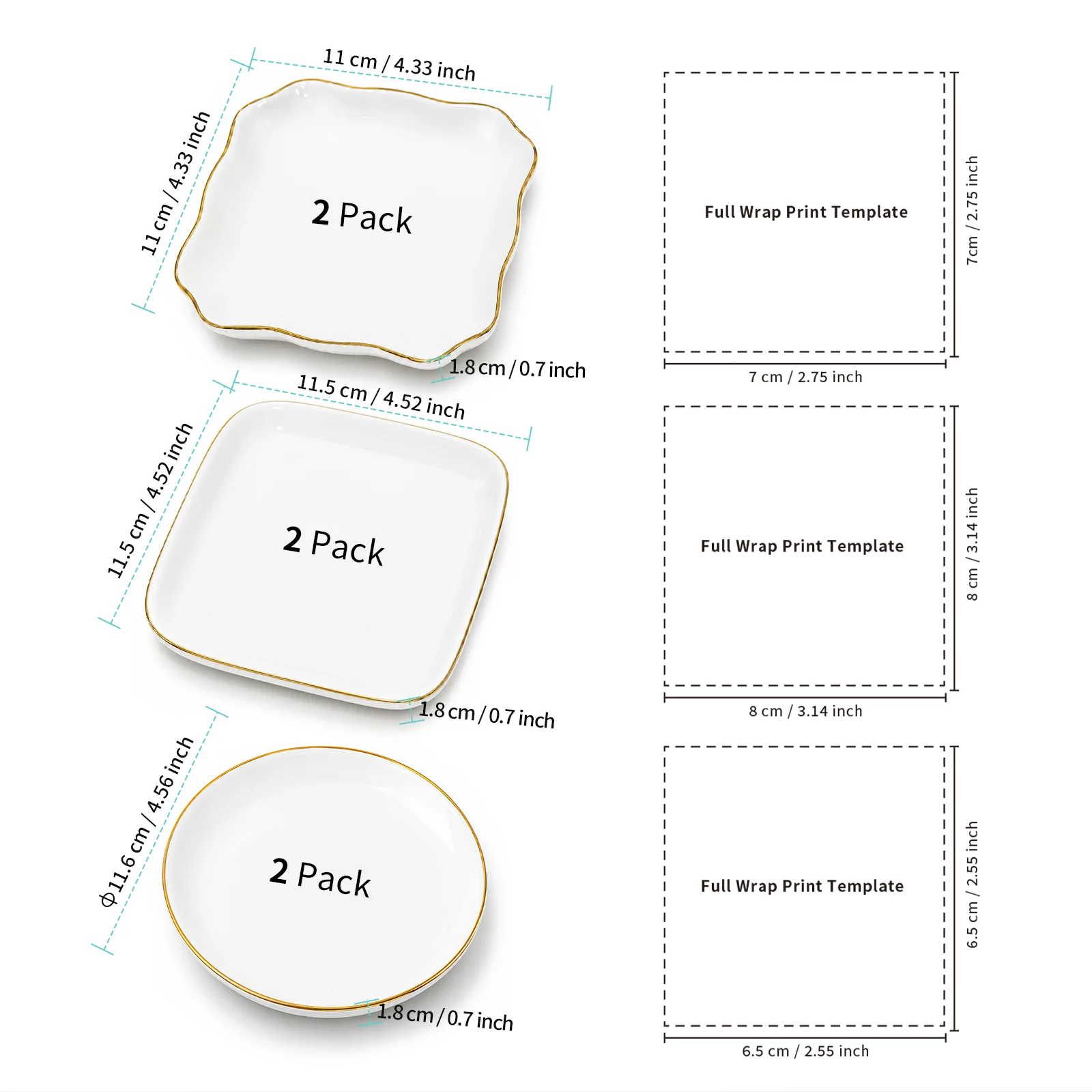 White Ceramic Sublimation Blank Jewelry Tray with Gold Rim, 4.5 Inch, Assorted Shapes thumbnail 6