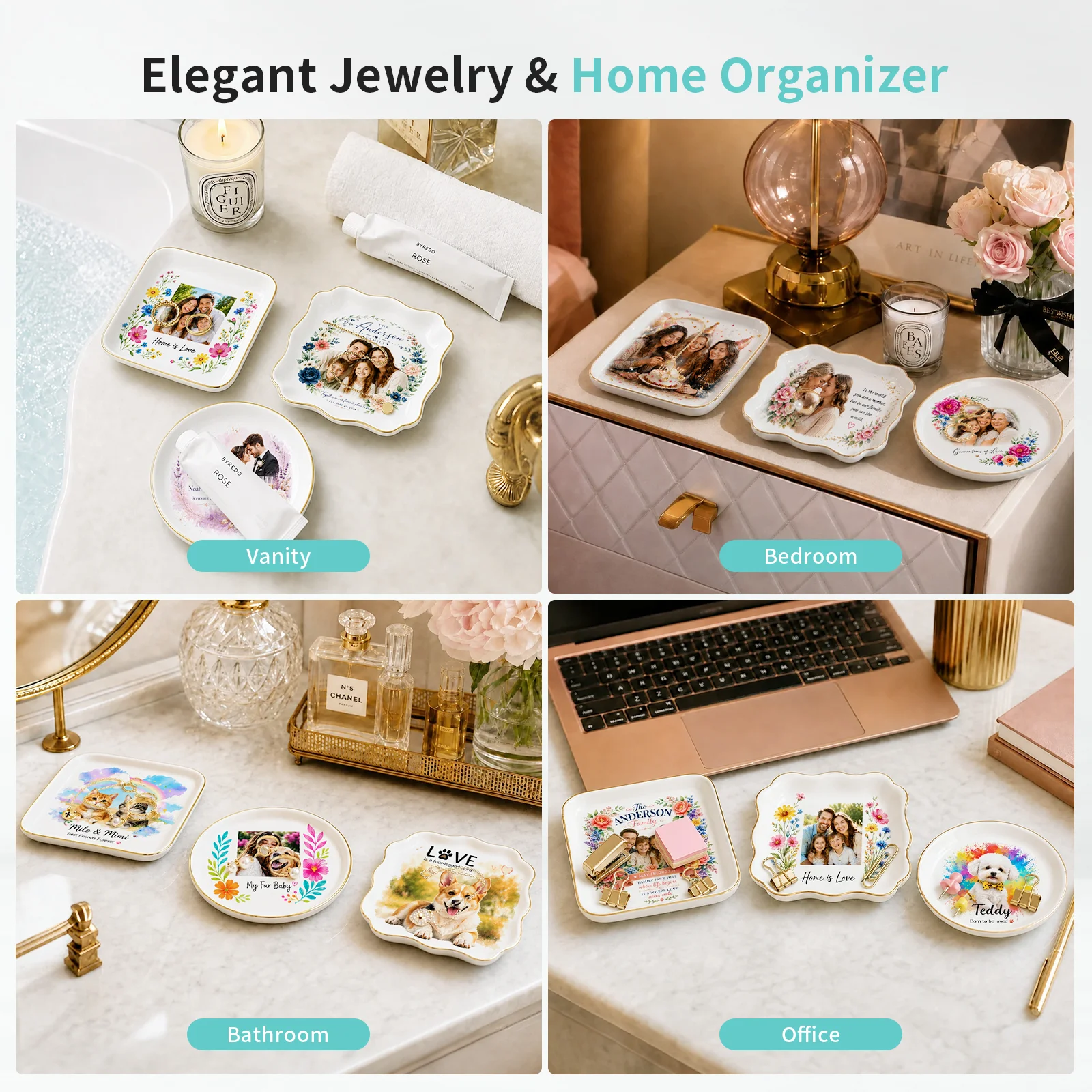 White Ceramic Sublimation Blank Jewelry Tray with Gold Rim, 4.5 Inch, Assorted Shapes thumbnail 3