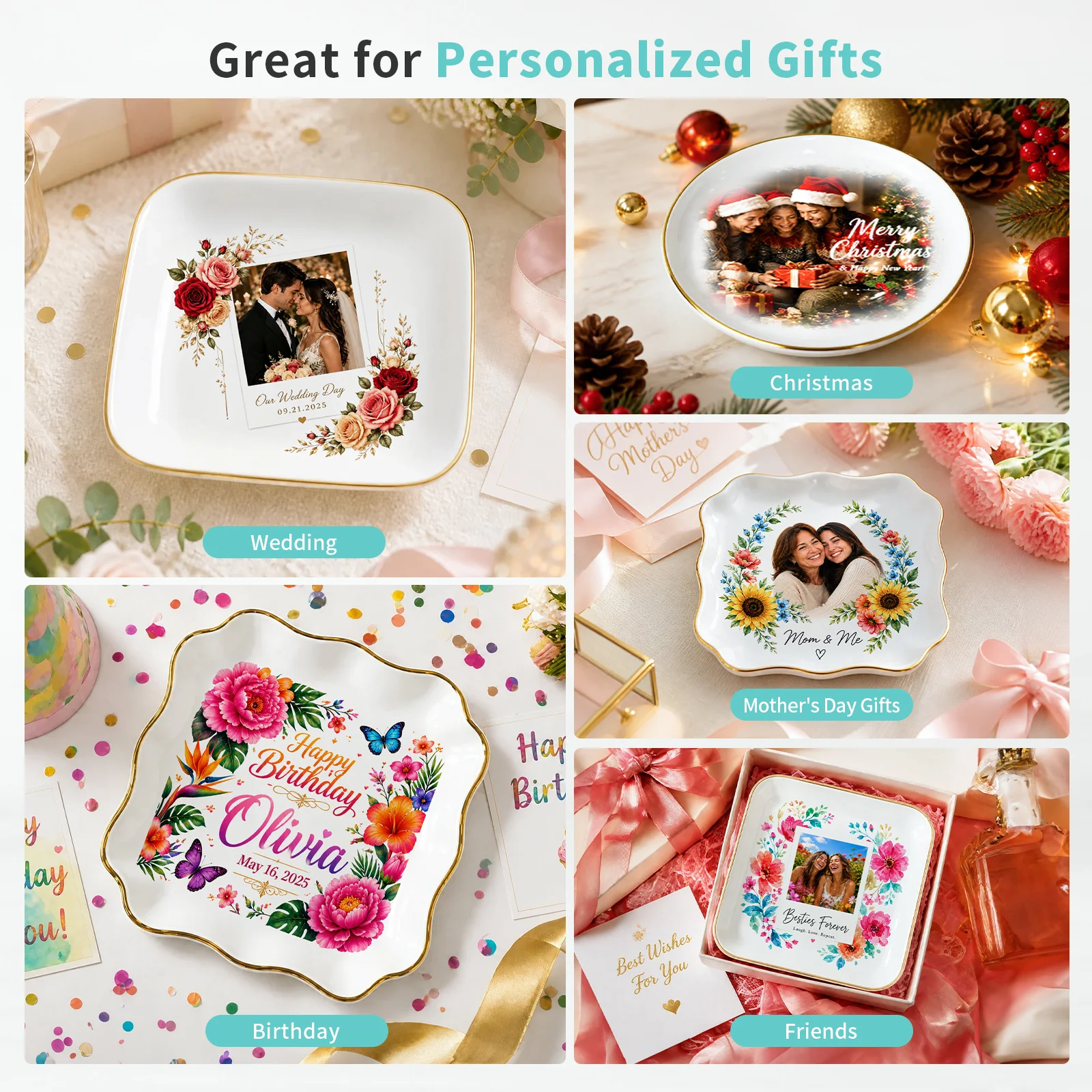 White Ceramic Sublimation Blank Jewelry Tray with Gold Rim, 4.5 Inch, Assorted Shapes thumbnail 4