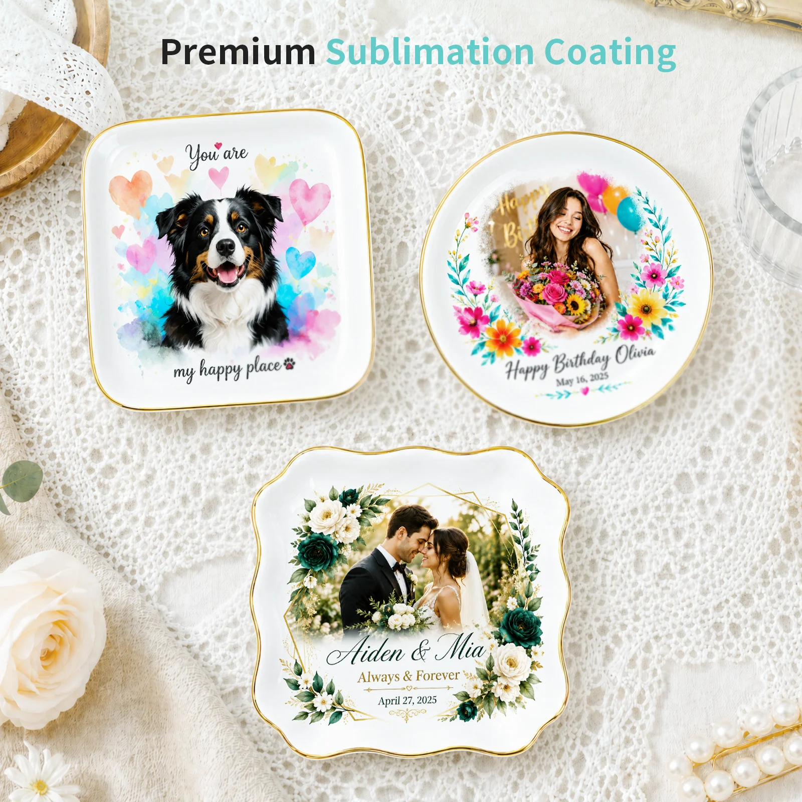 White Ceramic Sublimation Blank Jewelry Tray with Gold Rim, 4.5 Inch, Assorted Shapes