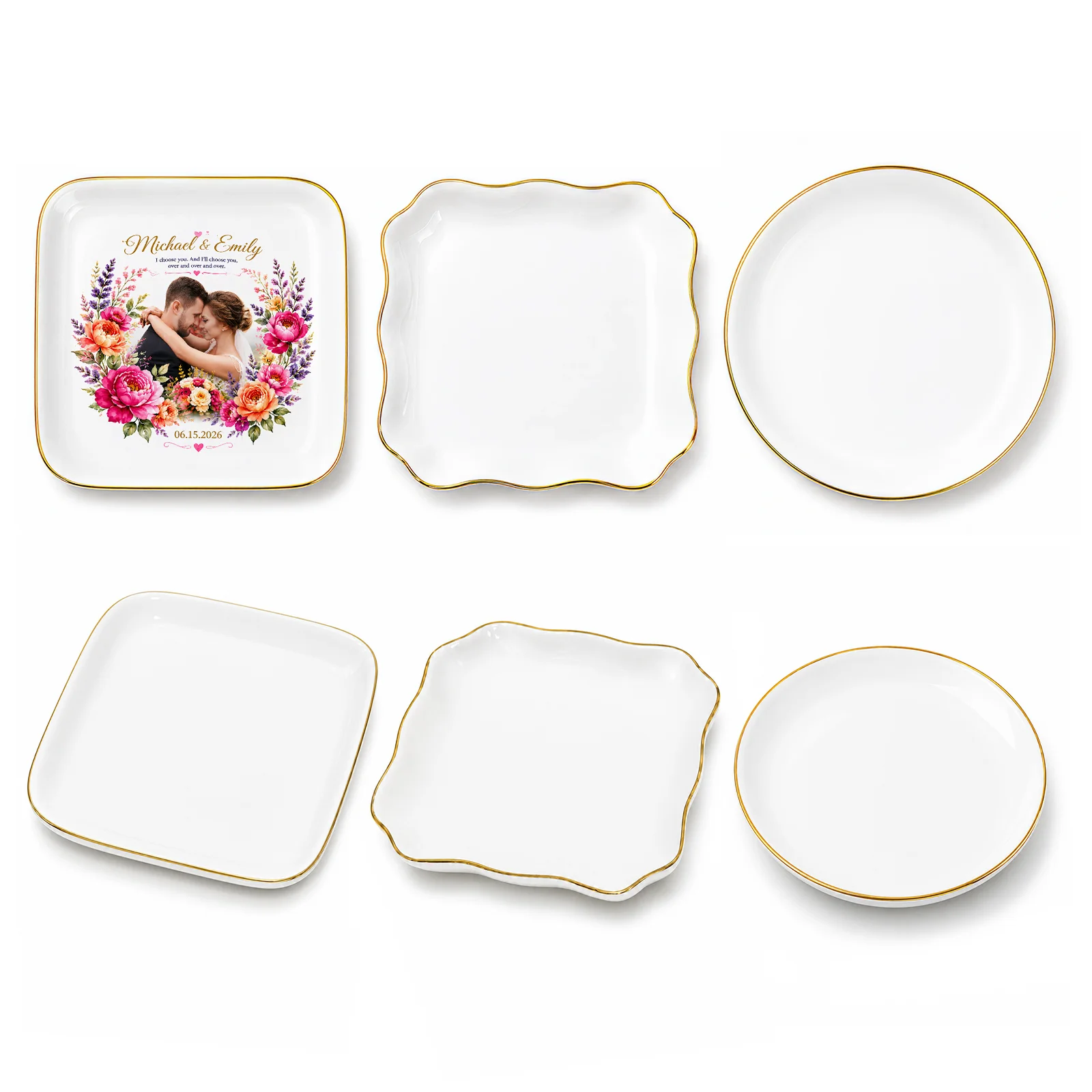 White Ceramic Sublimation Blank Jewelry Tray with Gold Rim, 4.5 Inch, Assorted Shapes