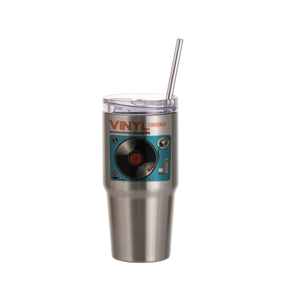 20OZ/600ml Stainless Steel Travel Tumblers With Metal Straw And Screw Top (Silver) thumbnail 2