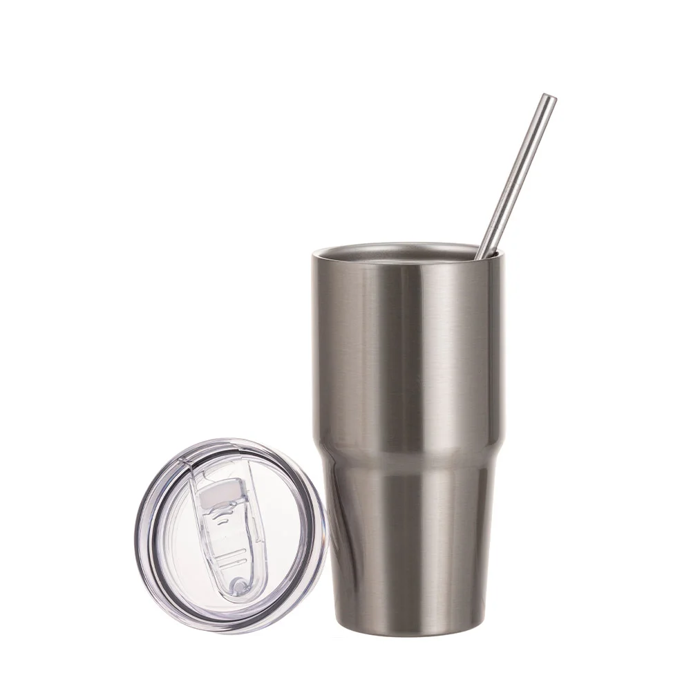 20OZ/600ml Stainless Steel Travel Tumblers With Metal Straw And Screw Top (Silver) thumbnail 3