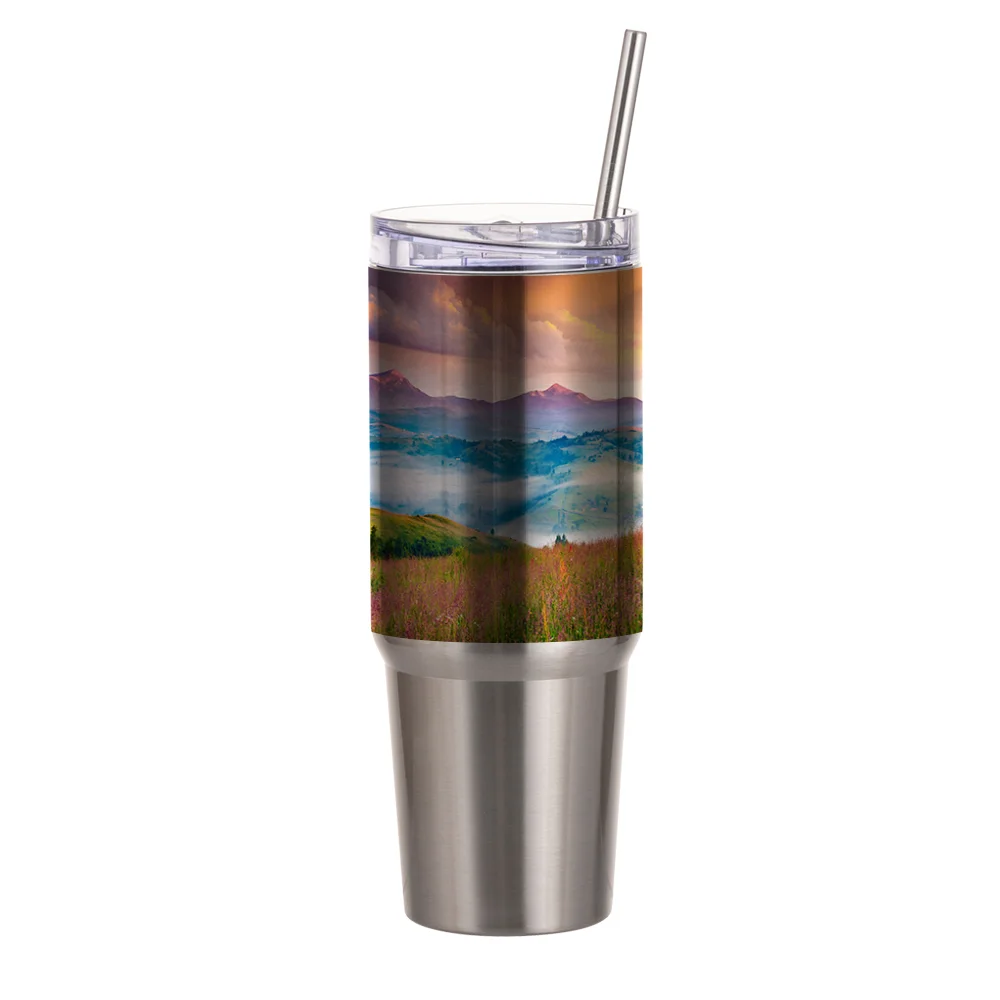 30OZ/900ml Stainless Steel Travel Tumblers With Metal Straw And Screw Top (Silver)