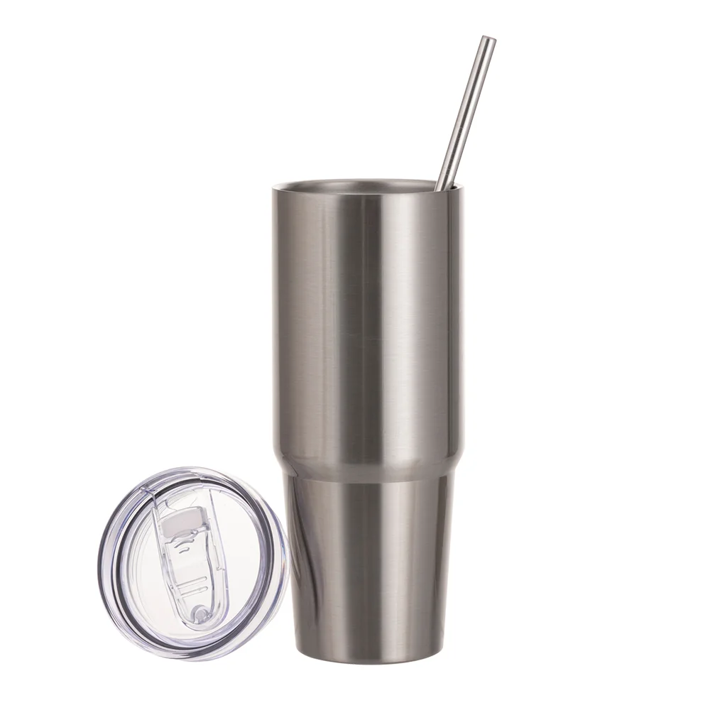 30OZ/900ml Stainless Steel Travel Tumblers With Metal Straw And Screw Top (Silver) thumbnail 3
