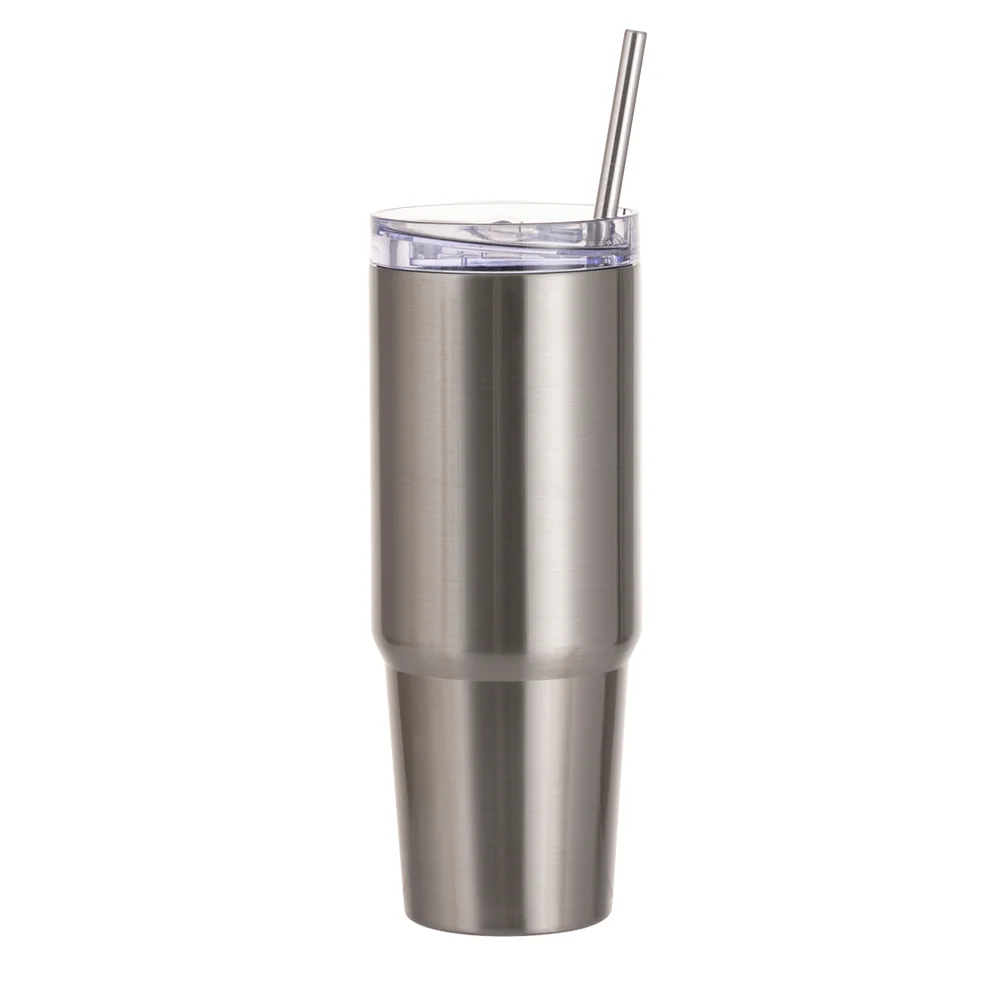 30OZ/900ml Stainless Steel Travel Tumblers With Metal Straw And Screw Top (Silver)