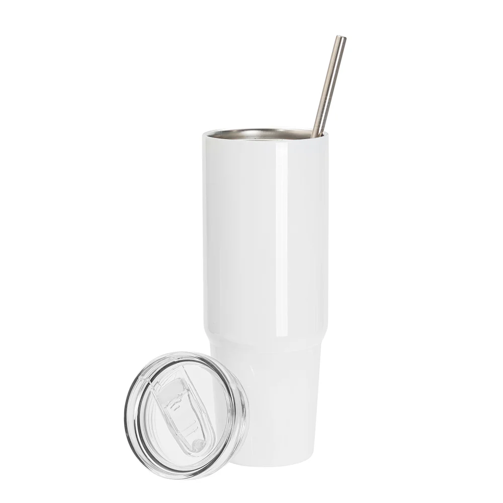 36OZ/1080ml Stainless Steel Travel Tumblers With Metal Straw And Screw Top (White) thumbnail 5