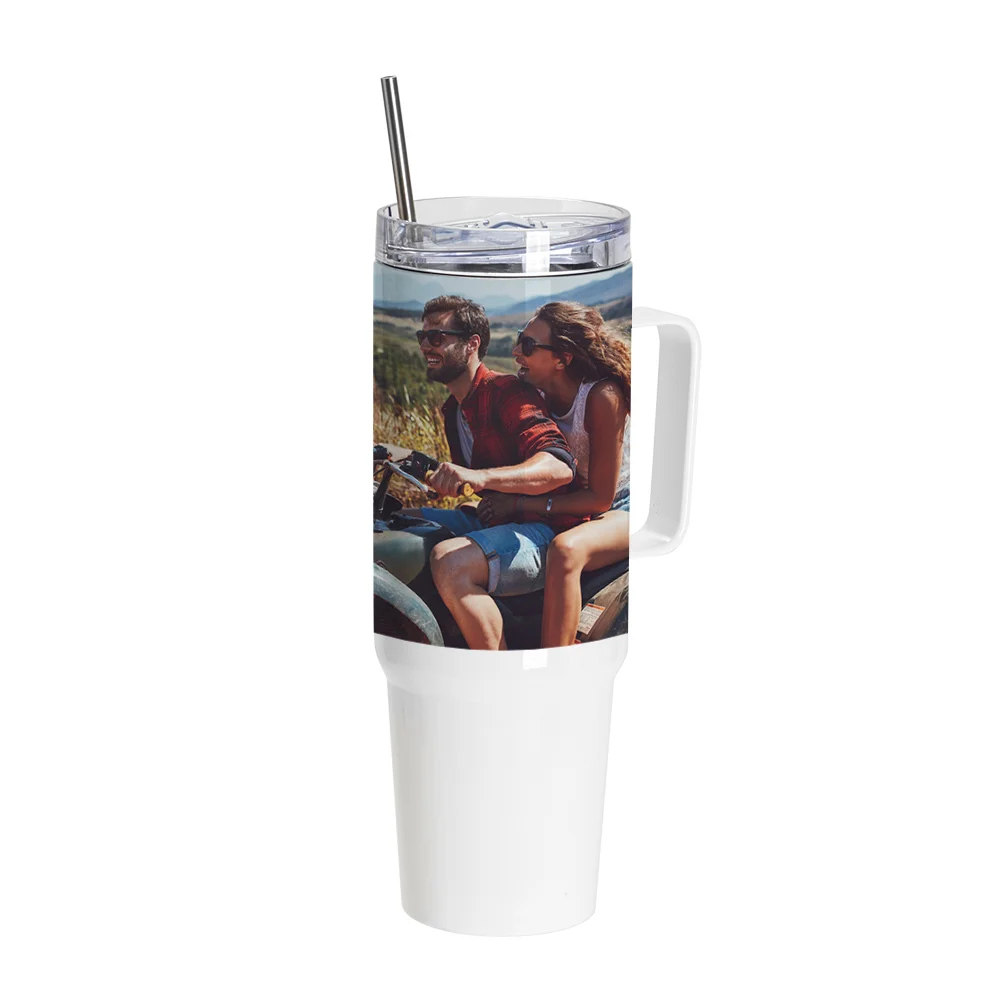 36OZ/1080ml Stainless Steel Travel Tumbler With Handle, Metal Straw And Screw Top (White)