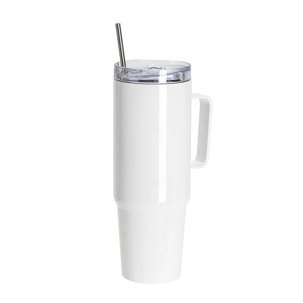 36OZ/1080ml Stainless Steel Travel Tumbler With Handle, Metal Straw And Screw Top (White) thumbnail 3