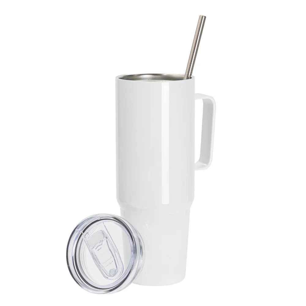 36OZ/1080ml Stainless Steel Travel Tumbler With Handle, Metal Straw And Screw Top (White) thumbnail 4