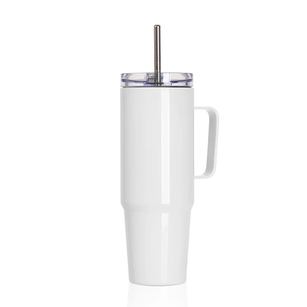 36OZ/1080ml Stainless Steel Travel Tumbler With Handle, Metal Straw And Screw Top (White)