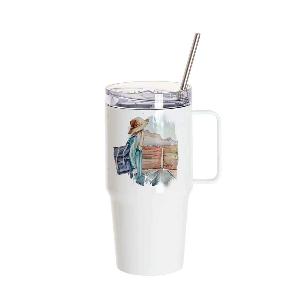 20oz/600ml Stainless Steel Travel Tumbler With Handle, Metal Straw And Screw Top (White) thumbnail 2