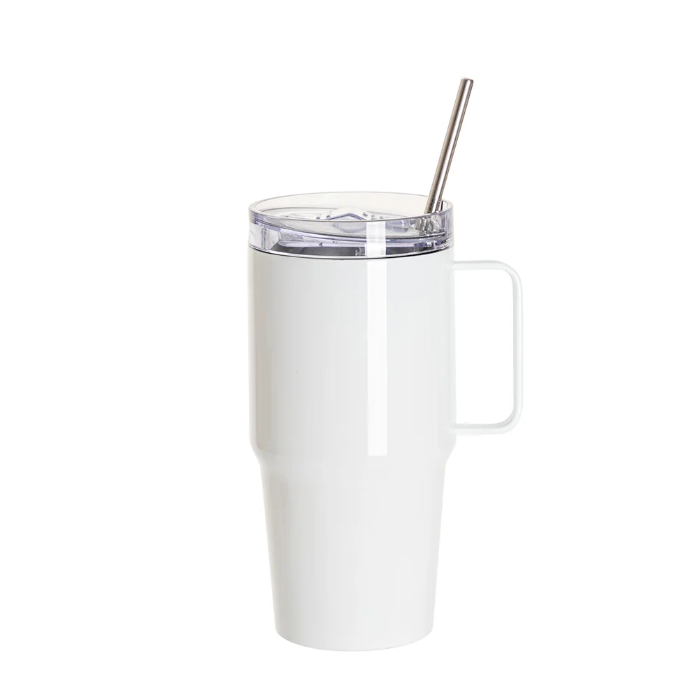 20oz/600ml Stainless Steel Travel Tumbler With Handle, Metal Straw And Screw Top (White) thumbnail 1