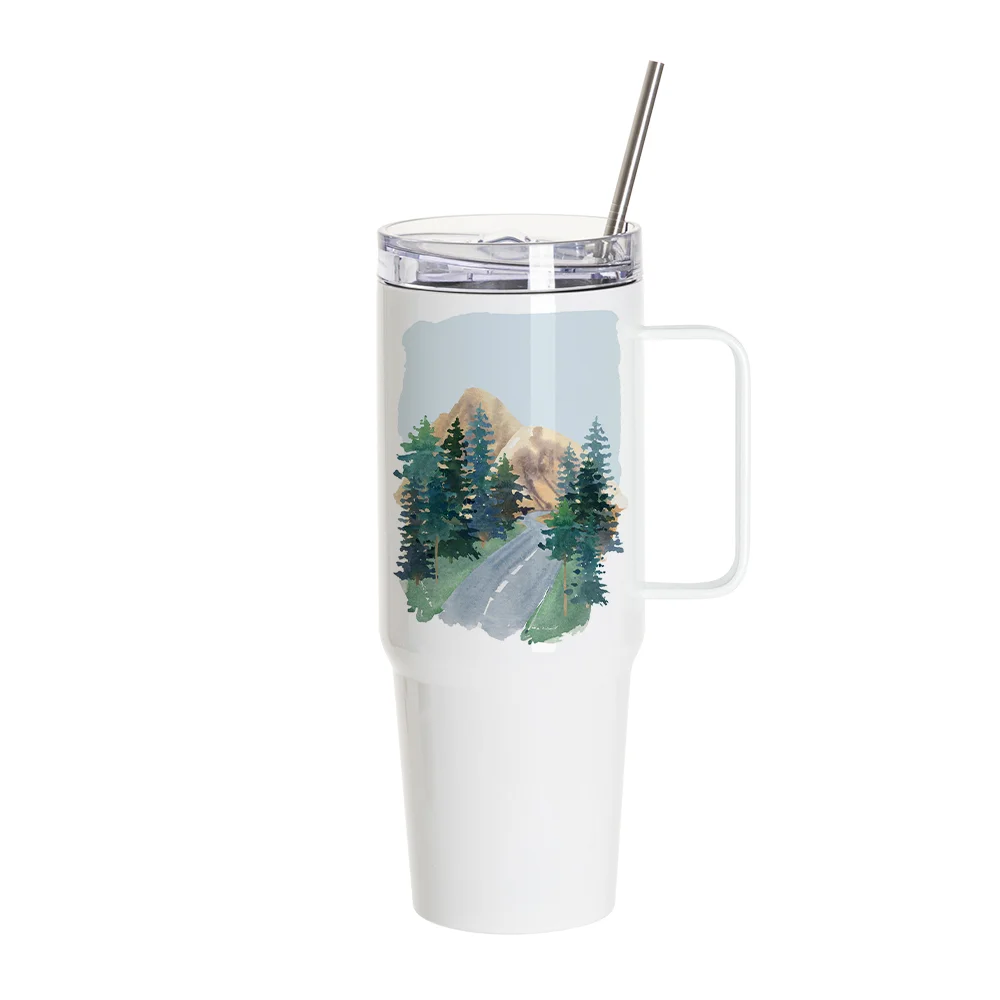 30oz/900ml Stainless Steel Travel Tumbler With Handle, Metal Straw And Screw Top (White)