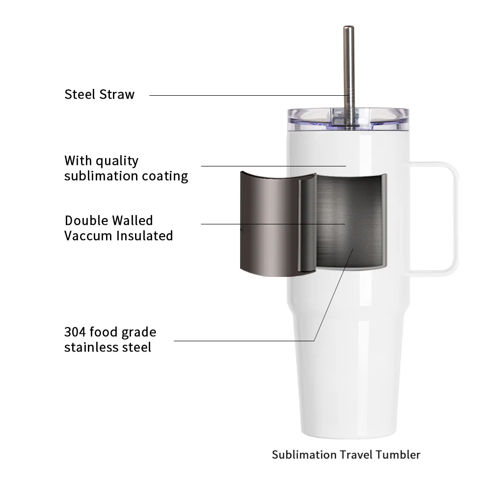 30oz/900ml Stainless Steel Travel Tumbler With Handle, Metal Straw And Screw Top (White) thumbnail 5