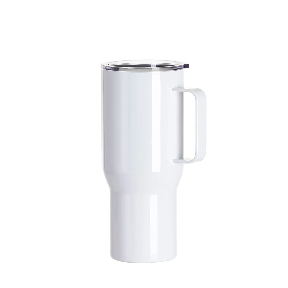 25oz/750ml Stainless Steel Travel Tumbler with Clear Flat Lid & Handle (White) thumbnail 3