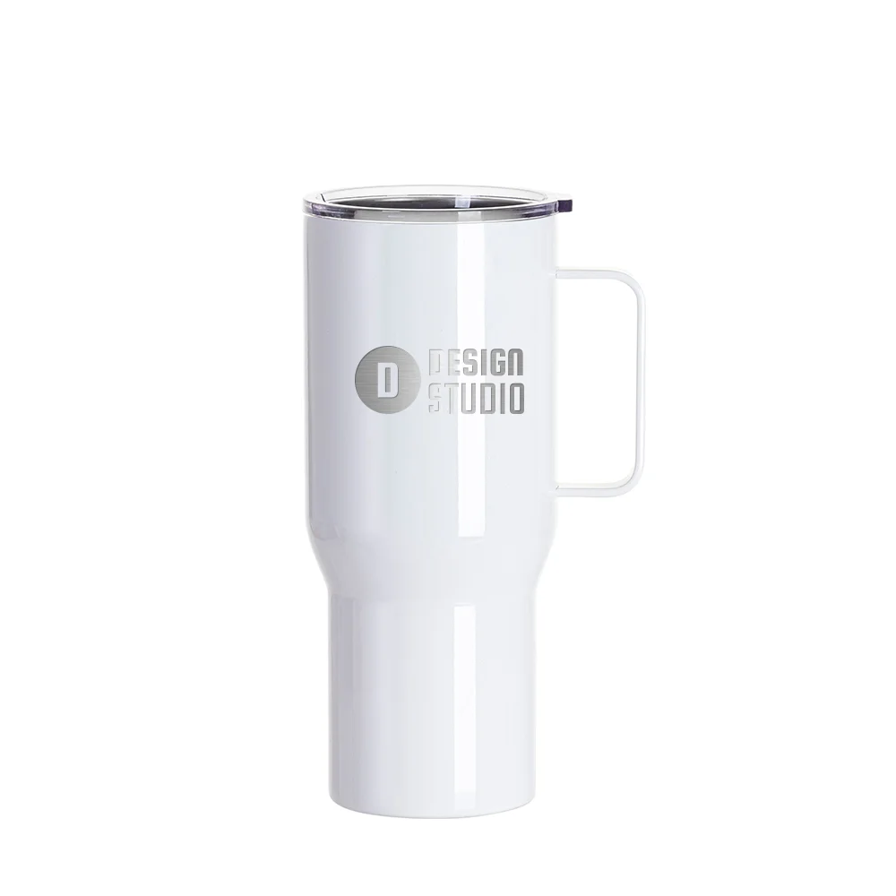 25oz/750ml Stainless Steel Travel Tumbler with Clear Flat Lid & Handle (White) thumbnail 4