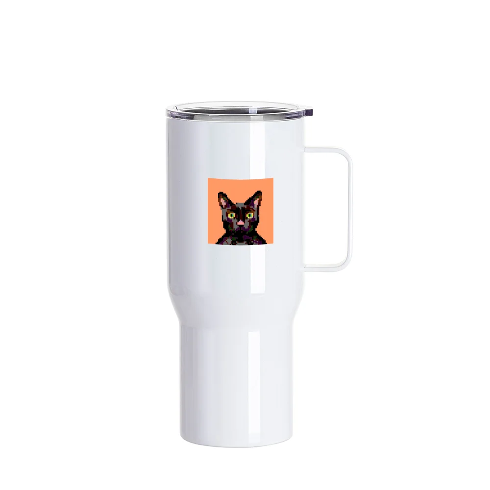 25oz/750ml Stainless Steel Travel Tumbler with Clear Flat Lid & Handle (White) thumbnail 5
