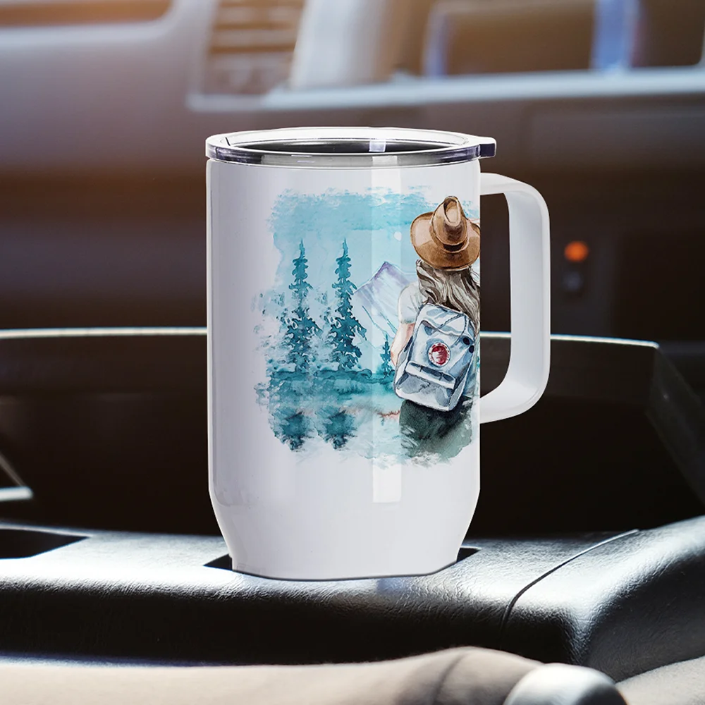 25oz/750ml Stainless Steel Travel Tumbler with Clear Flat Lid & Handle (White) thumbnail 7