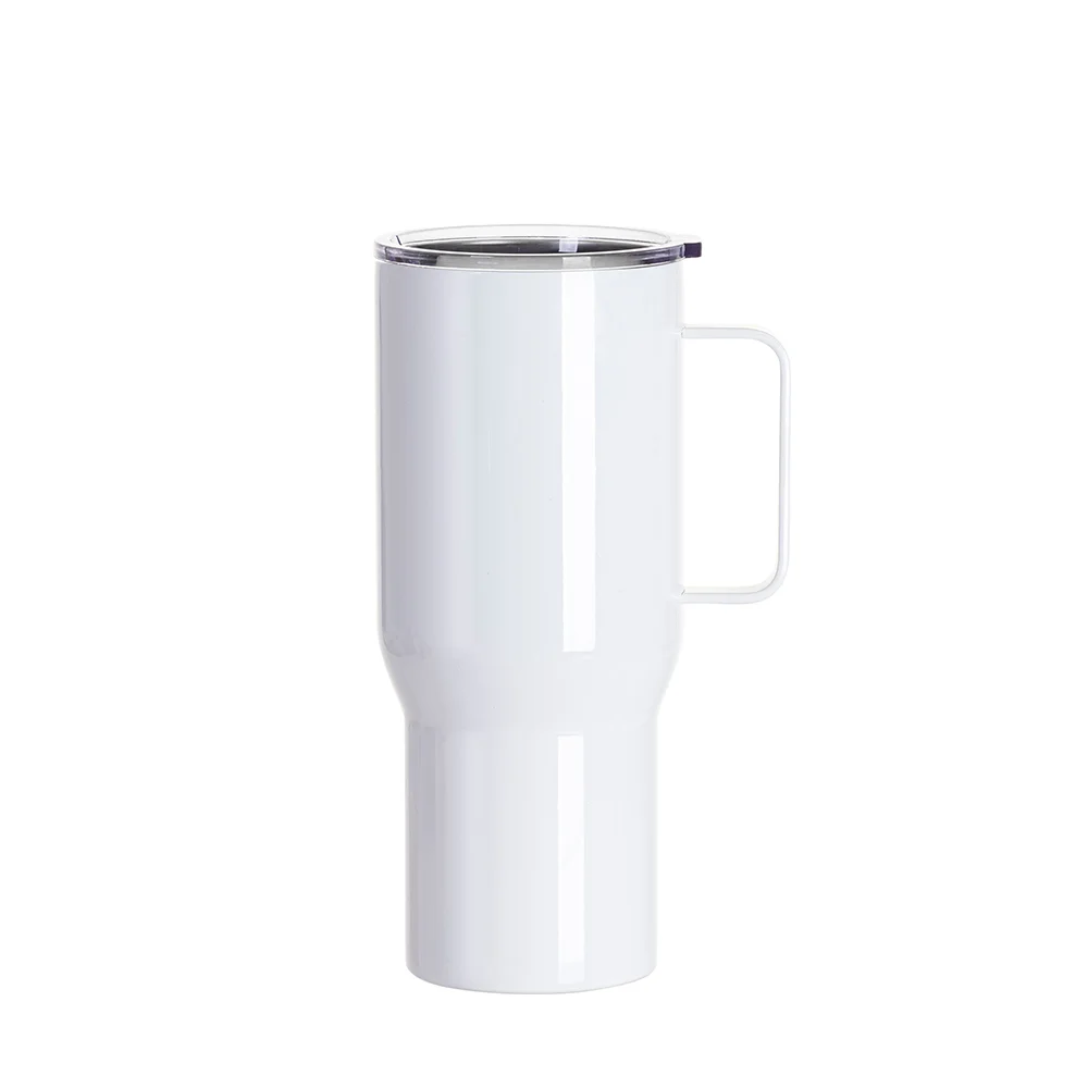 25oz/750ml Stainless Steel Travel Tumbler with Clear Flat Lid & Handle (White) thumbnail 1