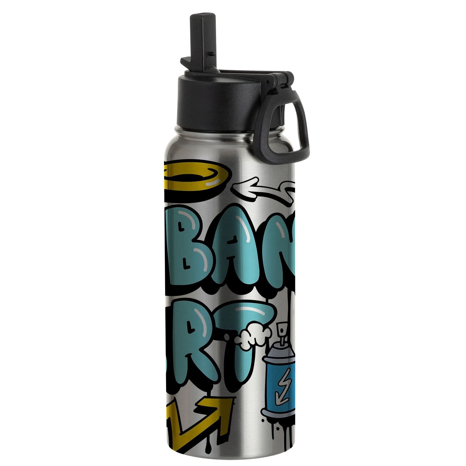30oz/900ml Stainless Steel Water Bottle w/ Wide Mouth Straw & Portable Lid (Silver) thumbnail 2