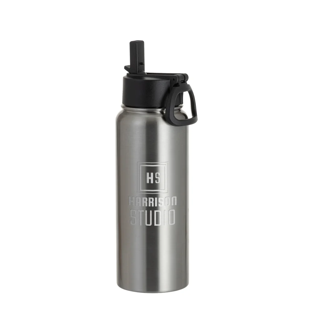 30oz/900ml Stainless Steel Water Bottle w/ Wide Mouth Straw & Portable Lid (Silver) thumbnail 3