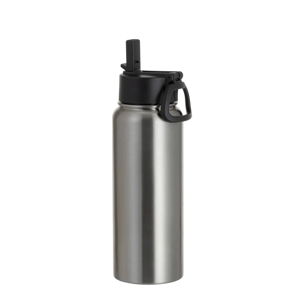 30oz/900ml Stainless Steel Water Bottle w/ Wide Mouth Straw & Portable Lid (Silver) thumbnail 1