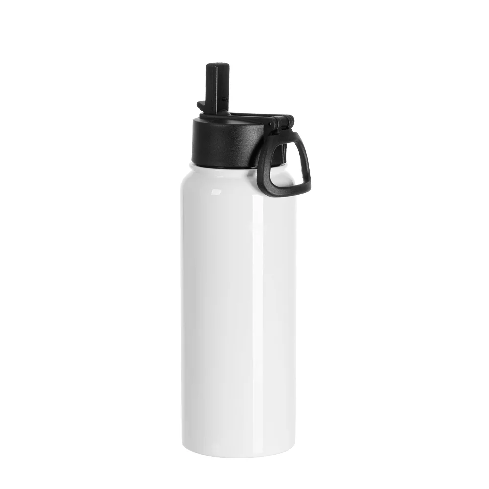 30oz/900ml Stainless Steel Water Bottle w/ Wide Mouth Straw & Portable Lid (White) thumbnail 1