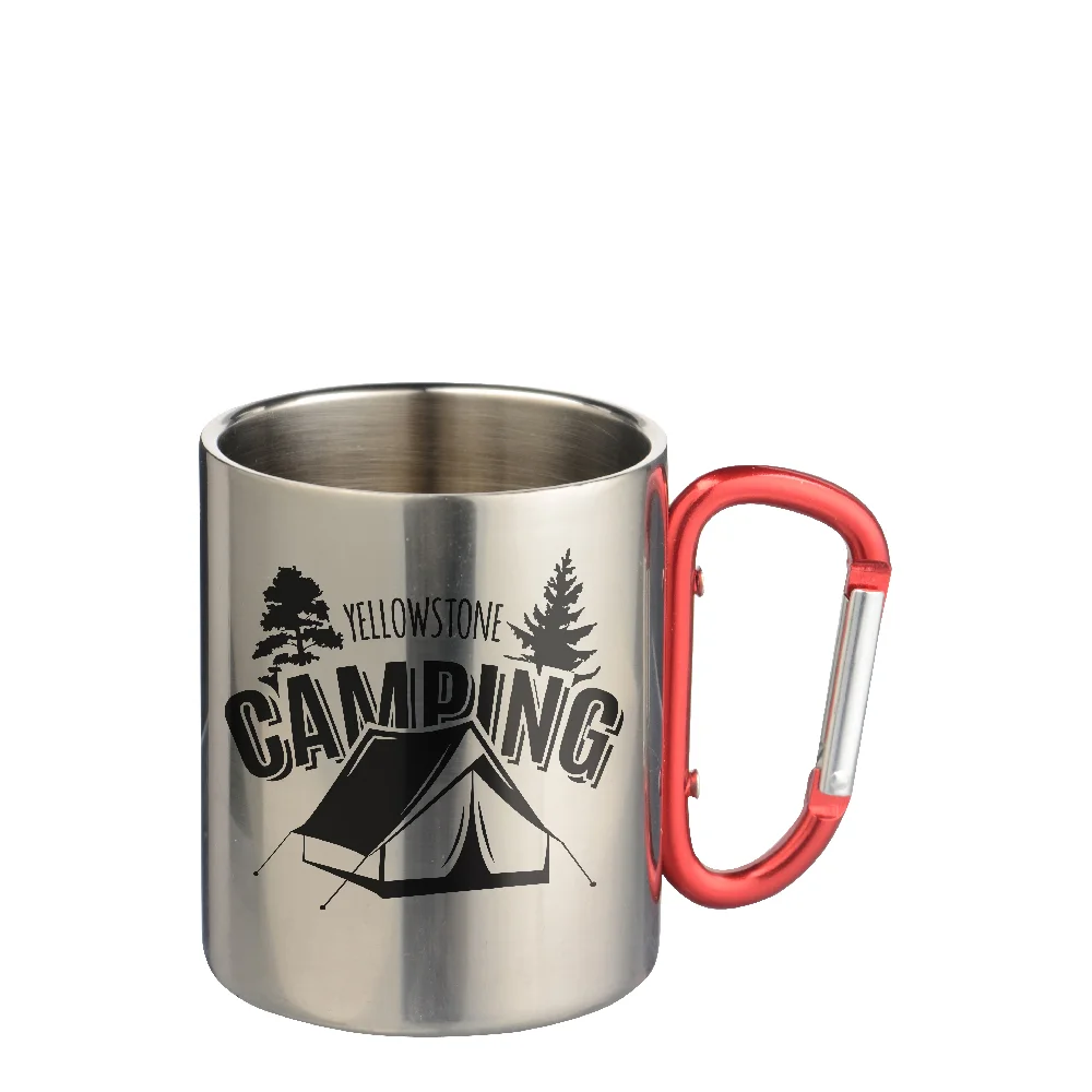 300ml Silver Stainless Steel Mug Double Wall with Red Carabiner Handle
