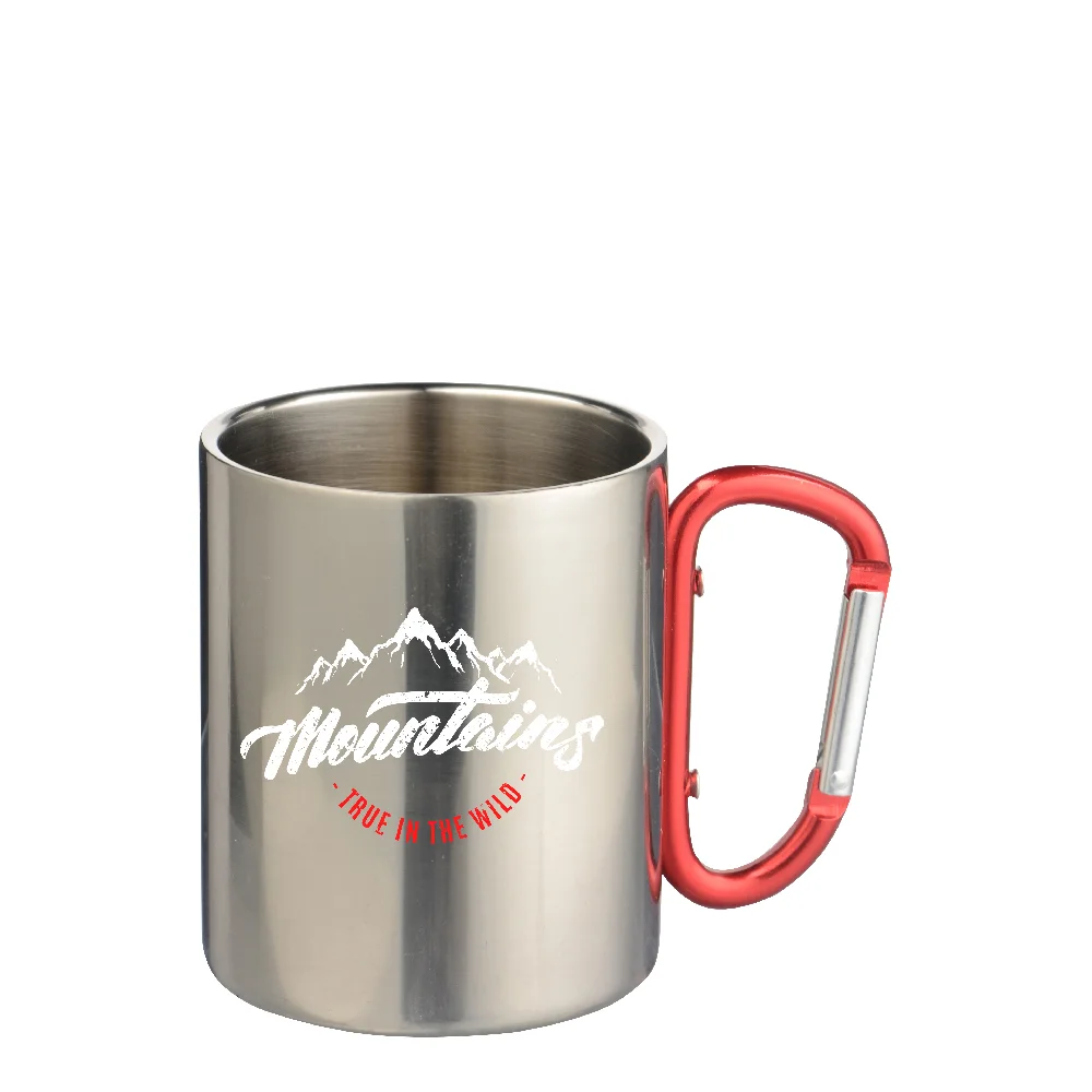 300ml Silver Stainless Steel Mug Double Wall with Red Carabiner Handle thumbnail 3
