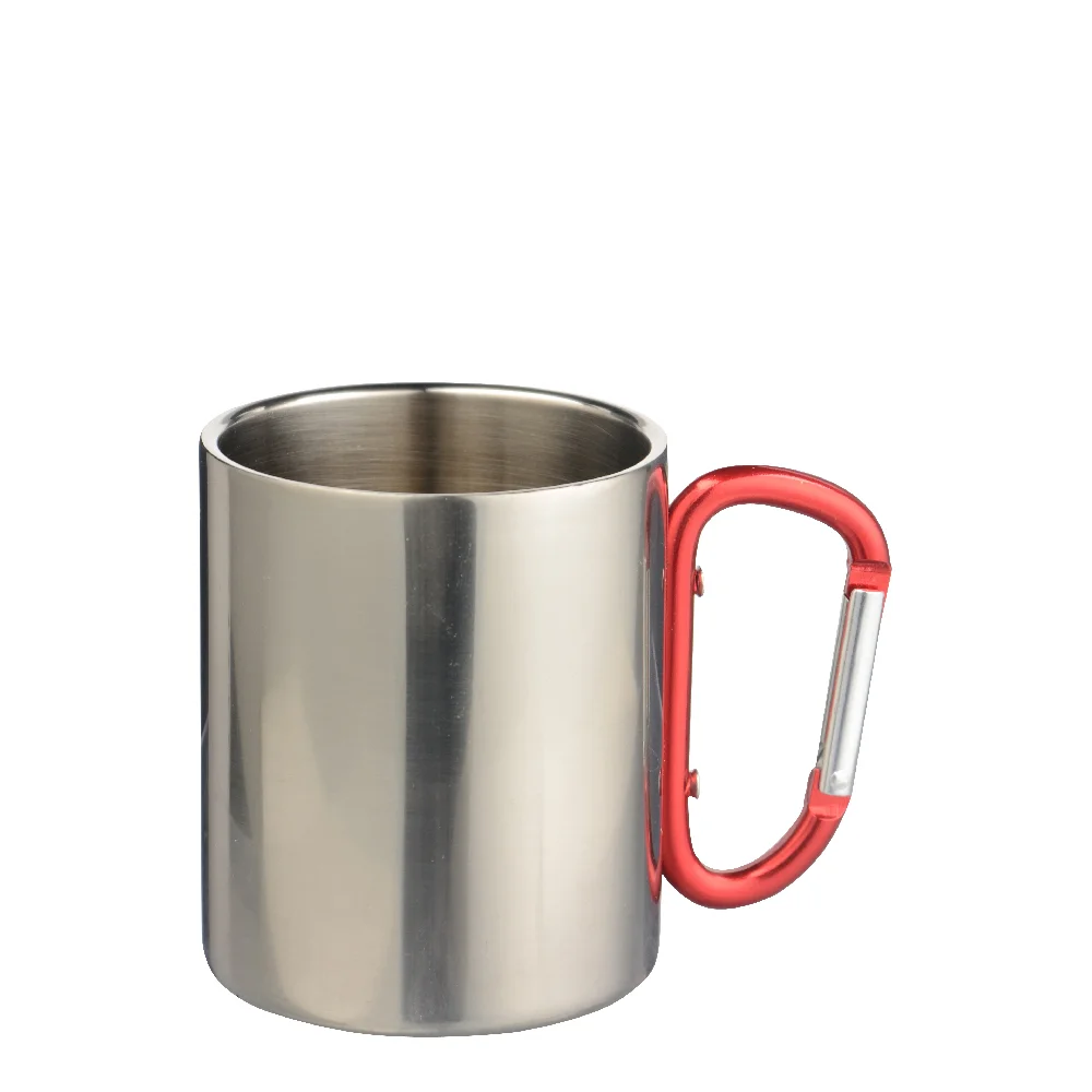 300ml Silver Stainless Steel Mug Double Wall with Red Carabiner Handle