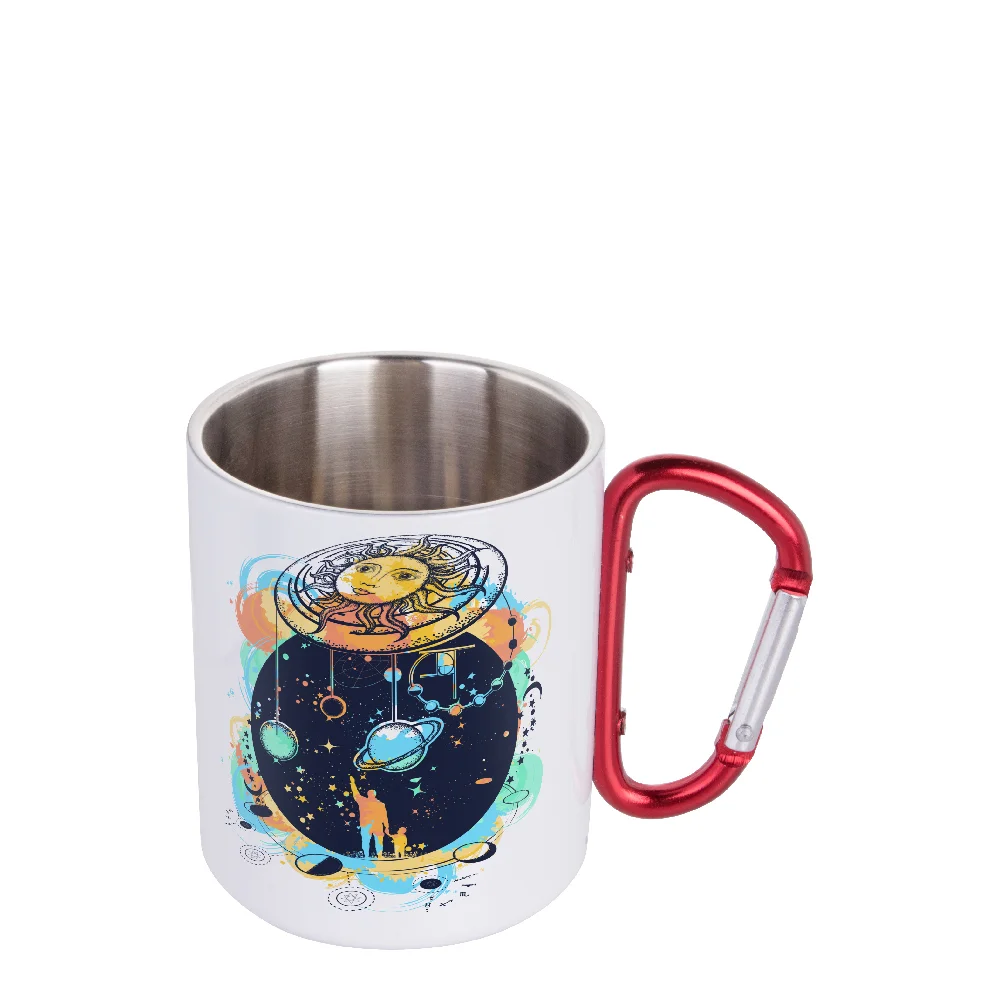 300ml White Stainless Steel Mug Double Wall with Red Carabiner Handle