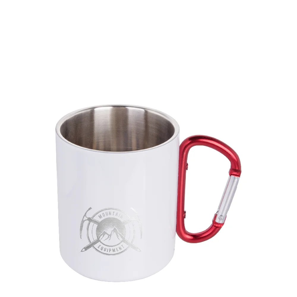 300ml White Stainless Steel Mug Double Wall with Red Carabiner Handle thumbnail 3