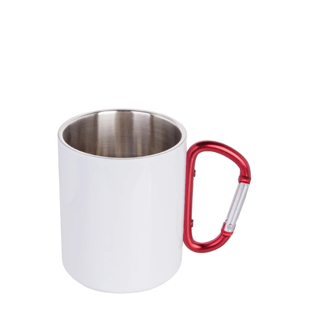 300ml White Stainless Steel Mug Double Wall with Red Carabiner Handle