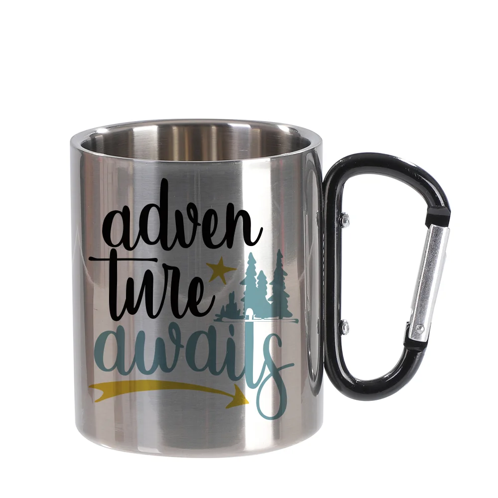 300ml Silver Stainless Steel Mug Double Wall with Black Carabiner Handle thumbnail 2