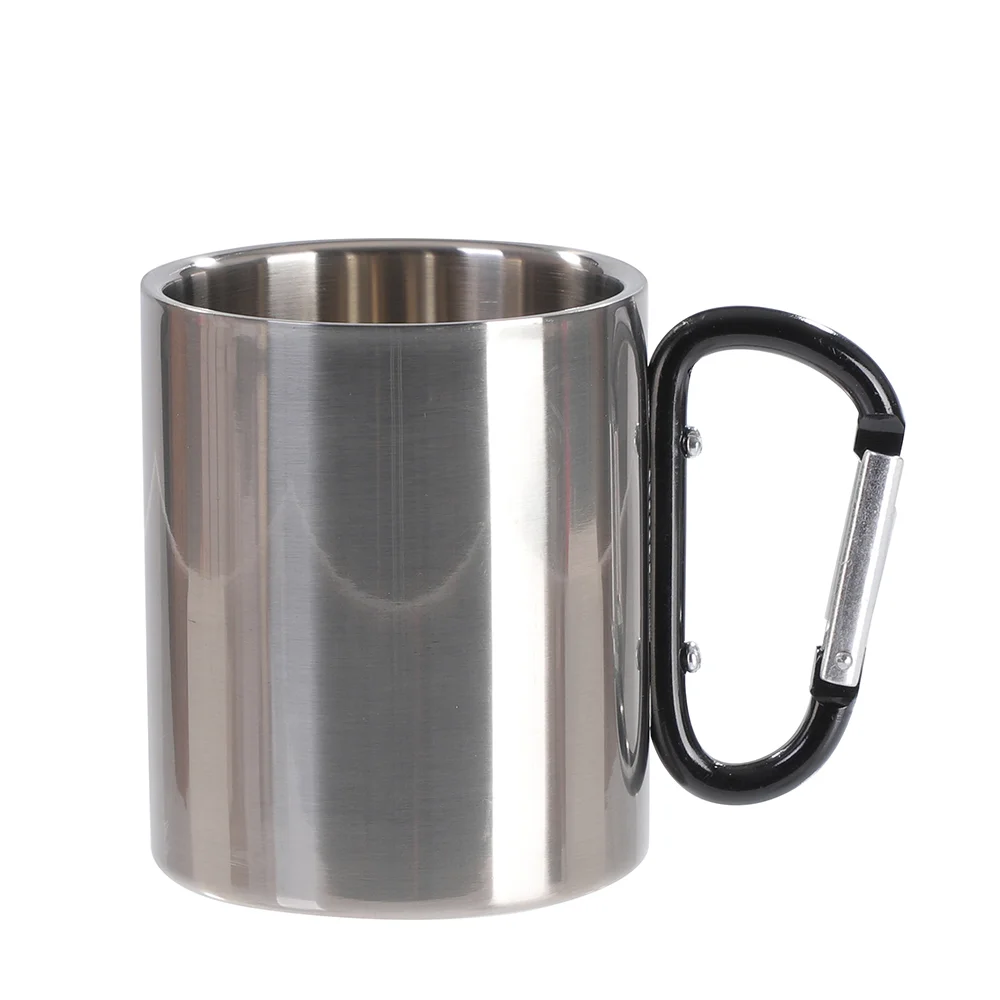 300ml Silver Stainless Steel Mug Double Wall with Black Carabiner Handle thumbnail 1