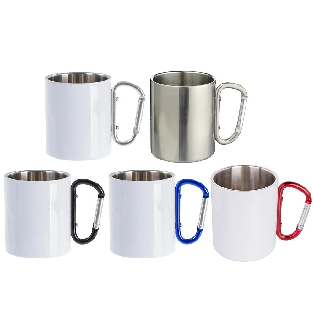 300ml Silver Stainless Steel Mug Double Wall with Blue Carabiner Handle thumbnail 3