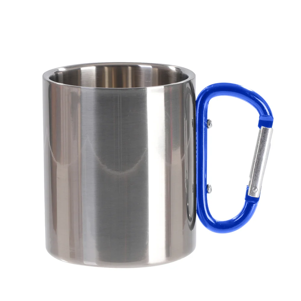 300ml Silver Stainless Steel Mug Double Wall with Blue Carabiner Handle