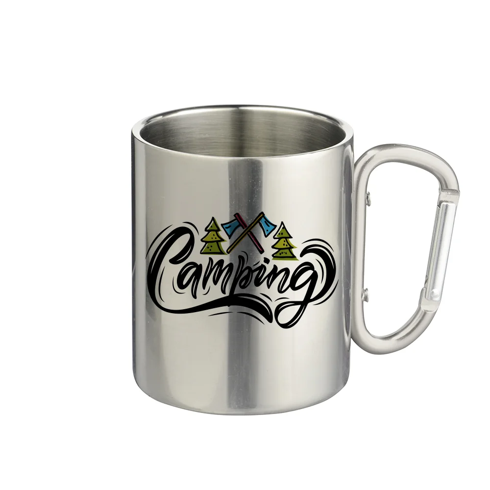 300ml Silver Stainless Steel Mug Double Wall with Silver Carabiner Handle
