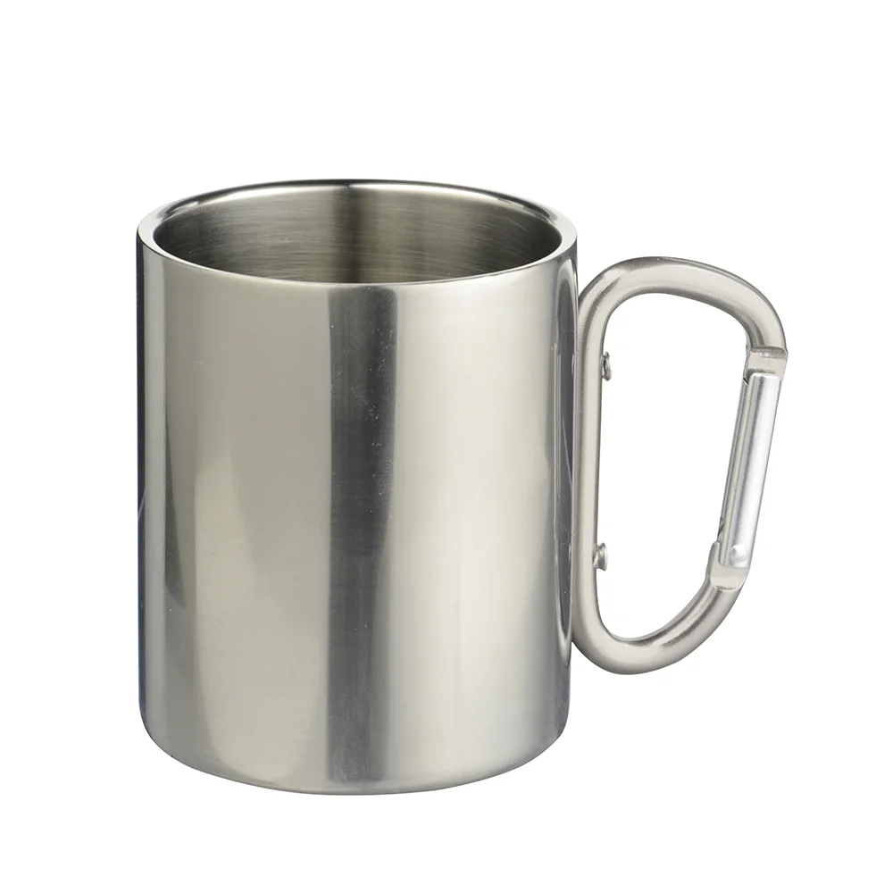 300ml Silver Stainless Steel Mug Double Wall with Silver Carabiner Handle