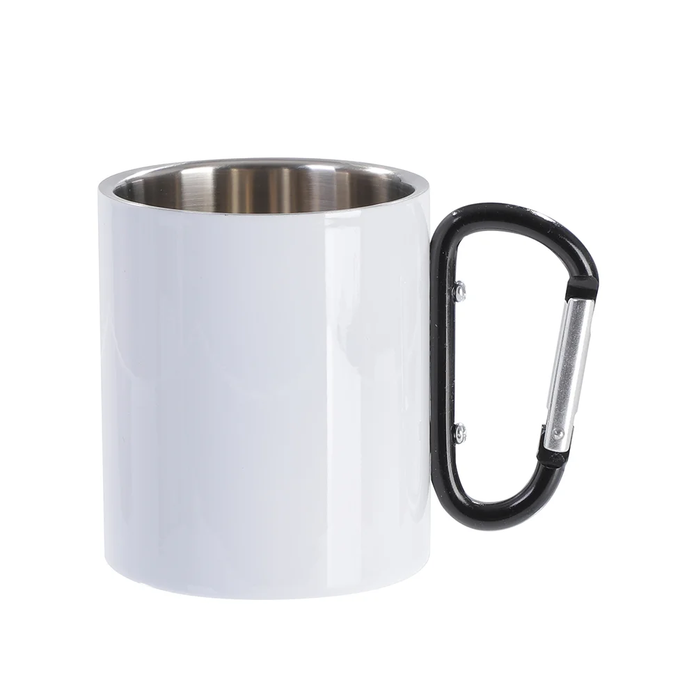 300ml White Stainless Steel Mug Double Wall with Black Carabiner Handle