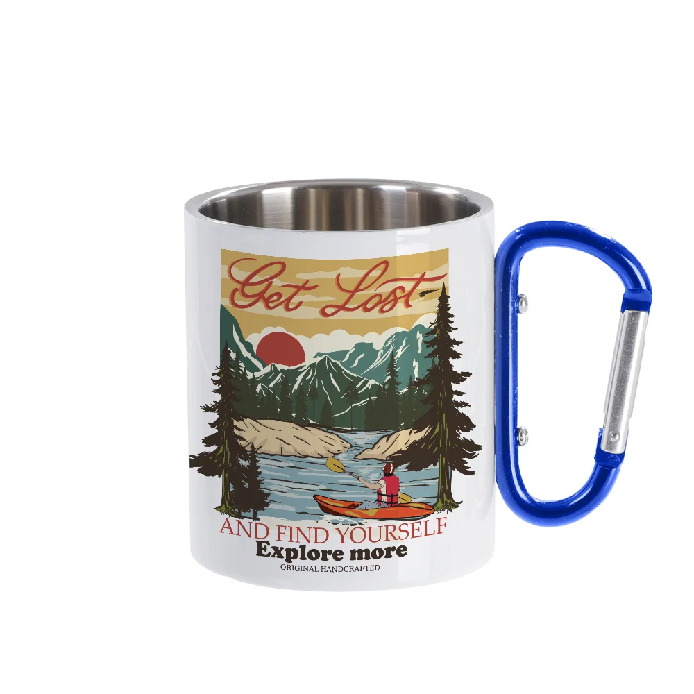300ml White Stainless Steel Mug Double Wall with Blue Carabiner Handle