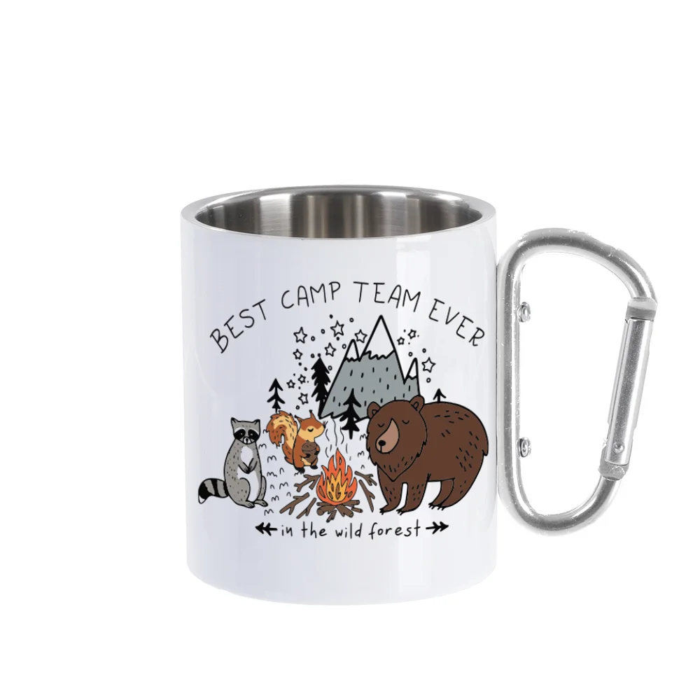 300ml White Stainless Steel Mug Double Wall with Silver Carabiner Handle