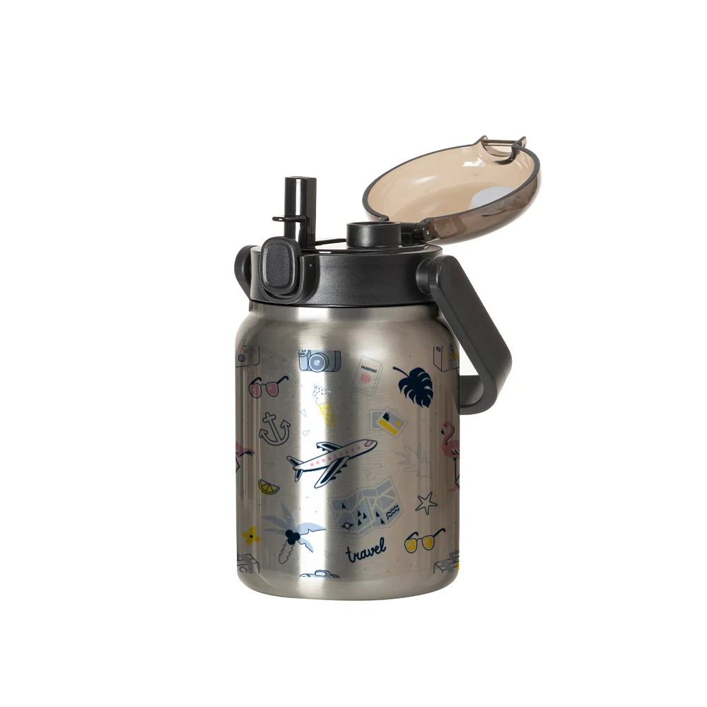25oz/750ml Stainless Steel Large Bottle with Flip Lock Handle Cap & Straw (Silver) thumbnail 2