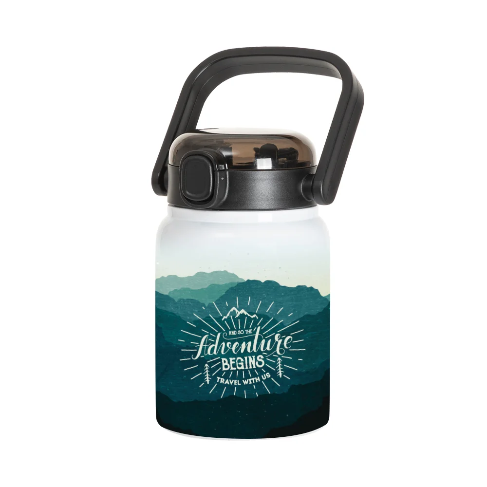 25oz/750ml Stainless Steel Large Bottle with Flip Lock Handle Cap & Straw (White)