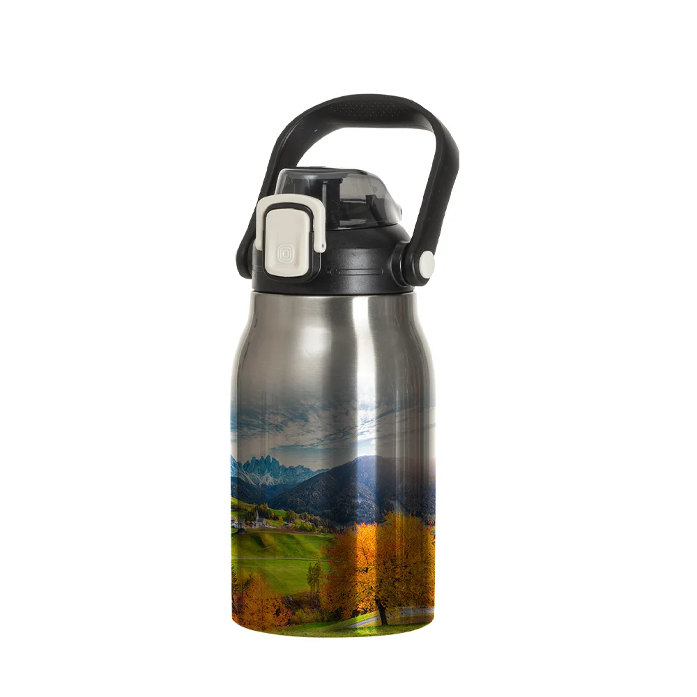 32oz/1000ml Stainless Steel Travel Bottle with Flip Lock Handle Cap & Press-In Straw (Silver) thumbnail 2