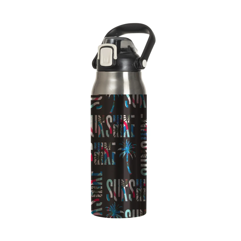 57oz/1700ml Stainless Steel Travel Bottle with Flip Lock Handle Cap & Press-In Straw (Silver) thumbnail 2