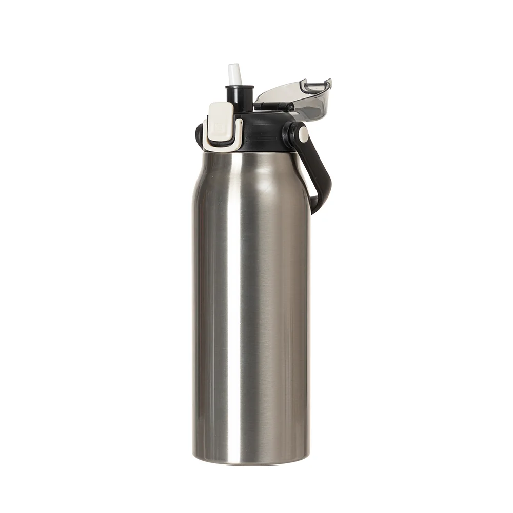 57oz/1700ml Stainless Steel Travel Bottle with Flip Lock Handle Cap & Press-In Straw (Silver) thumbnail 4